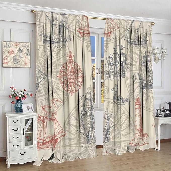Nautical Curtain Set, Yellow Polyester Fabric, 2 Panels, 42x45 Inches, Bathroom, Rustic, Ocean Theme