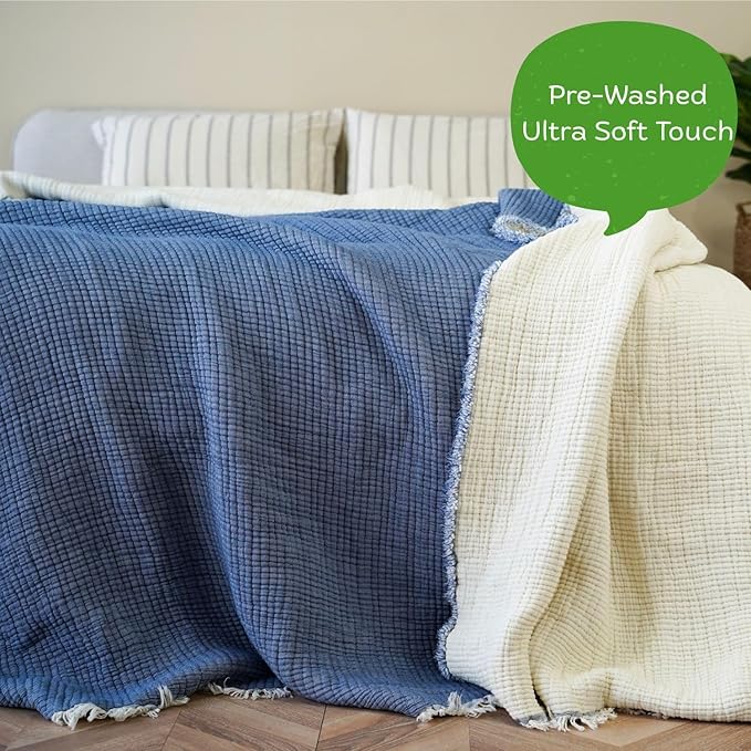Christmas Muslin Comforter – Cotton Muslin Blanket with Soft Fiber Filling, Breathable & Cozy Muslin Throw Blanket, Reversible Holiday Quilt (Dusty Blue, Queen (U.S. Standard))