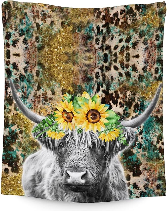 Highland Cow Blanket, Cute Cow Throw Blanket Gift for Women Girls Highland Cow Lovers, 50x40 Inches Soft Fuzzy Flannel Leopard Print Blankets for Crib Couch Sofa Travel