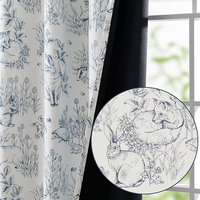 jinchan 95% Blackout Nursery Curtains 84 Inches Long, Bunny Woodland Toile Curtains Blue on Beige Animal Printed Drapes for Bedroom Rod Pocket Thermal Insulated Farmhouse Window Treatment 2 Panels