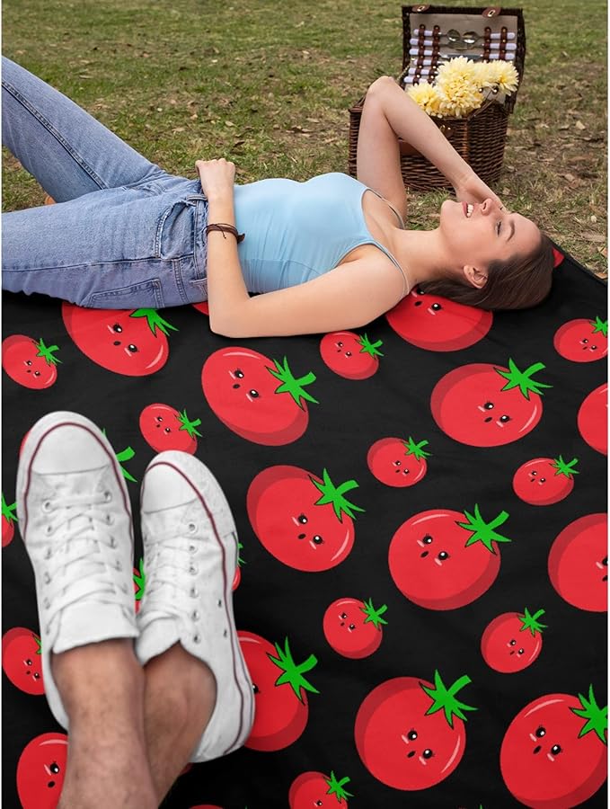 Thuswarm Cute Tomato Kawaii Black Flannel Throw Blanket Warm Cozy Soft Funny Print Blankets for Bed Couch Sofa Room Decoration Gifts 60”×50” Medium for Teen