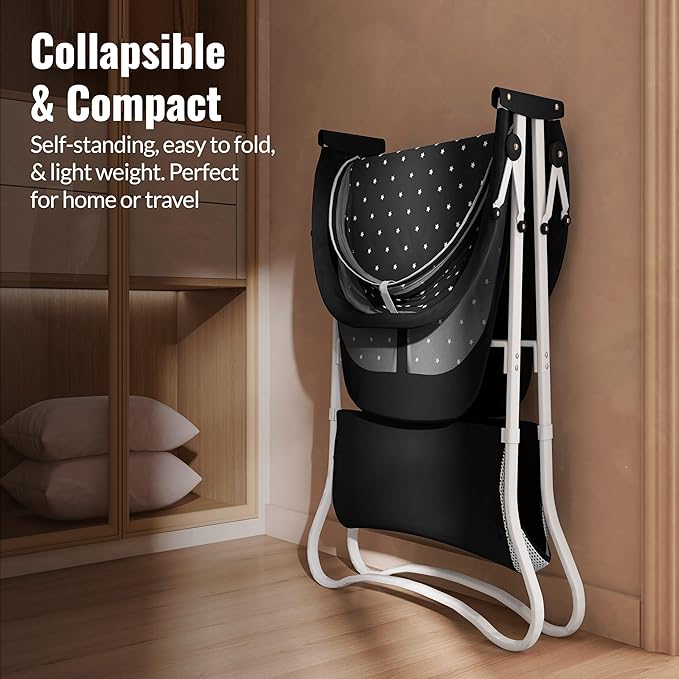 Dream On Me Karley Bassinet, Award Winner Lightweight Travel Baby Bassinet, Foldable Bedside Sleeper, Adjustable Double Canopy, Spacious Design, Soft Fabric, Storage Basket – Black and White