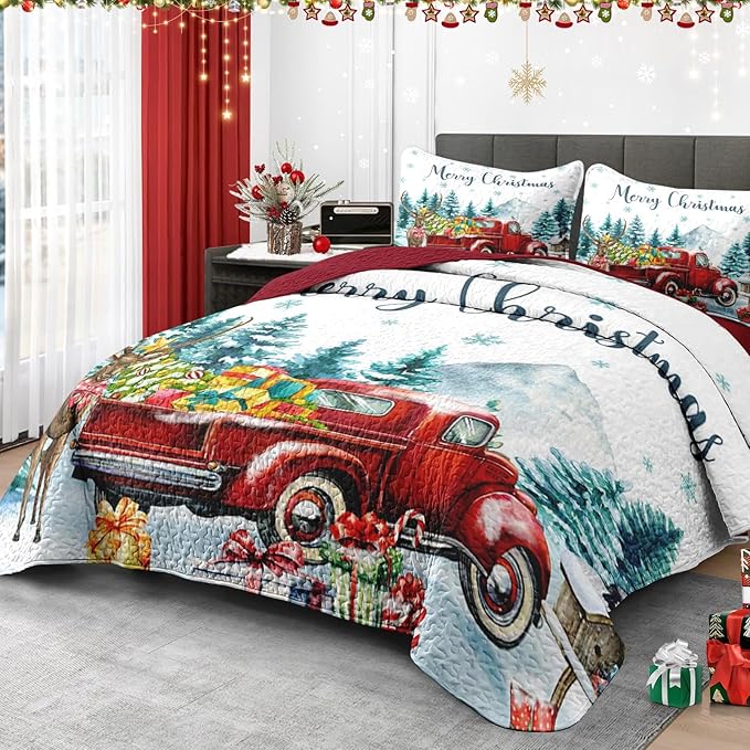 Christmas King Size Quilt Set, Red Vintage Truck Elk Lightweight Bedspread Coverlet with Pillow Shams for Kids and Adults, Winter Forest 3 Pcs Bedding Bed Cover