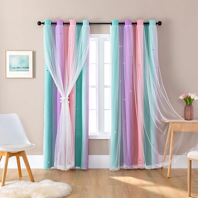 XiDi Curtains for Girls Bedroom 2 Panel Set, Thermal Insulated Window Ombre Panels, Rainbow Pink Drapes for Kids Room Unicorn Wall Decals, Black Out Curtains 54 Inch Long Pink/Purple/Green 52x54