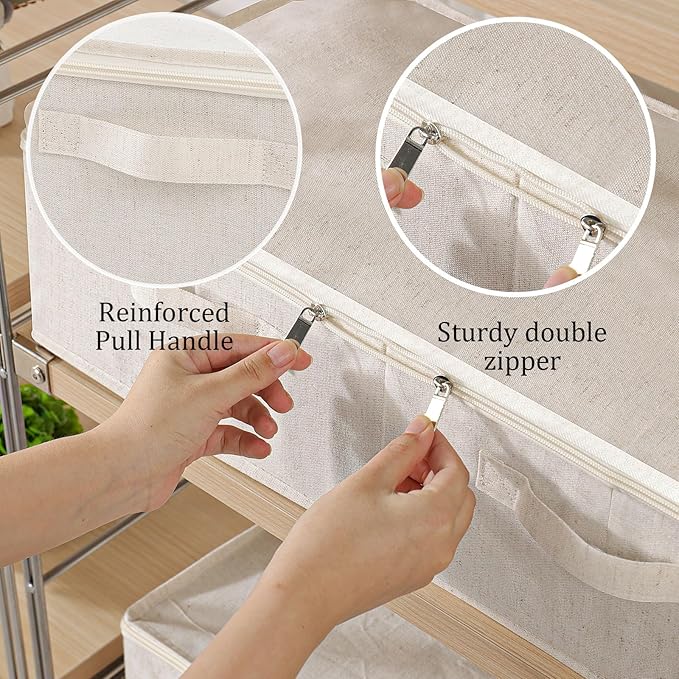 Underbed Storage Bins Compartment, Foldable Under Bed Boxes Organizer, Cube Container with Lid for Organizing Clothes, Sheets, Blankets, Comforter, 31.4x15.7x5.9in, Beige, 2 Pack