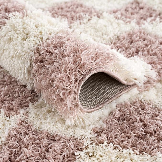 BoutiqueRugs Atira Pink Checkered Shag Area Rug - Cream, Rose Gold - 18" x 18" Sample
