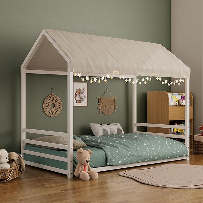 Harper & Bright Designs Full Size Montessori Floor Bed for Children, Metal House Bed Frame with Roof and Fence, Kids Floor Bed Frame for Boys Girls, Easy Assemble, No Slats,White