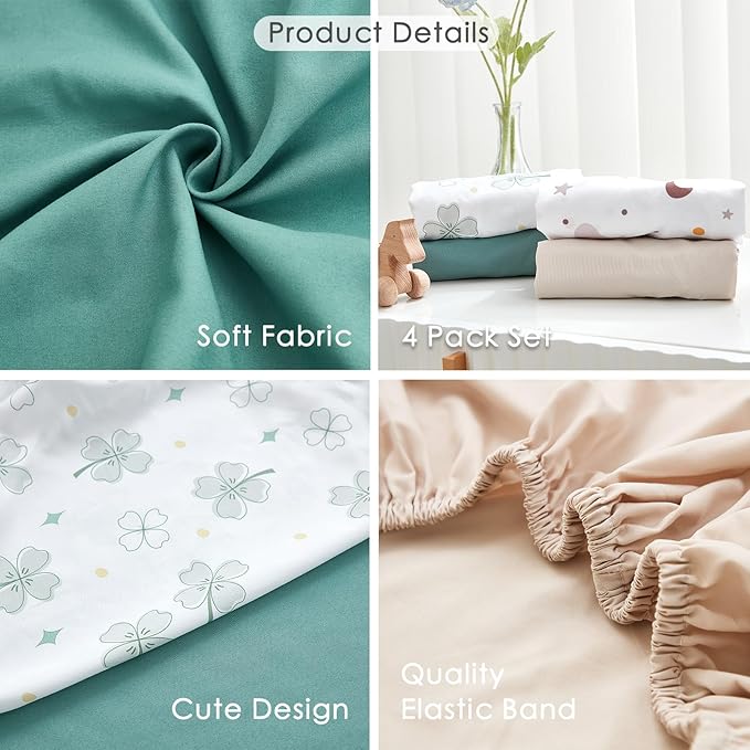 4 Pack Mini Crib Sheets Fitted - 38"x26" Pack and Play Sheets for Playard Mattress, Portable Mini Crib | Soft & Skin Friendly Pack N Play Sheets for Boys Girls (Clover & Moon Star)