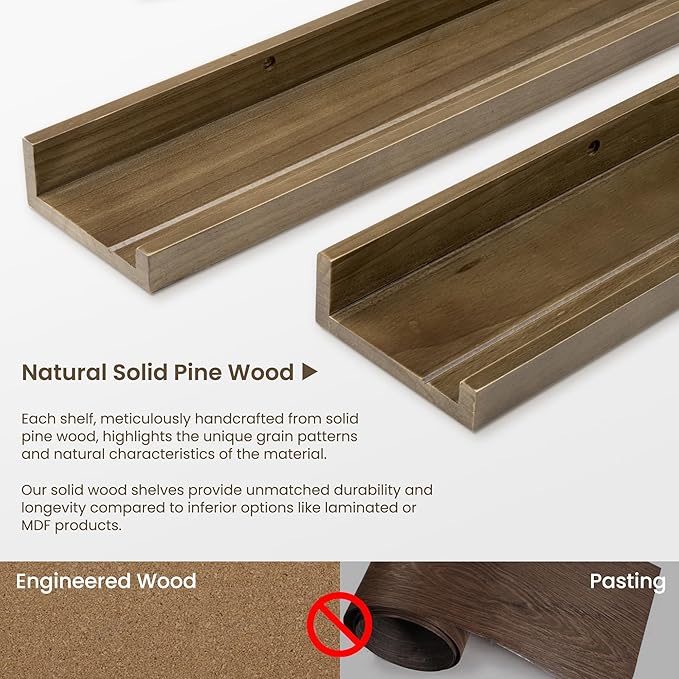 Fun Memories Picture Ledge Shelf, Pine Wood Floating Shelves Set of 2, 24 inch Nursery Book Shelves, Photo Ledge Book Shelves Wall Mounted for Living Room Kids' Room Bedroom - Light Brown