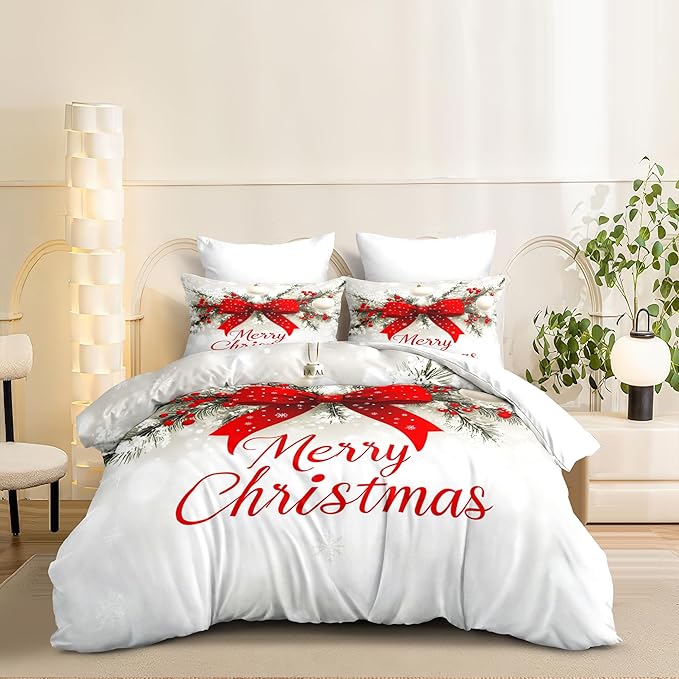 Christmas Duvet Cover Full Size Merry Christmas Bedding Set Kids Boys Girls Red Bow Pattern Comforter Cover 3 Pieces with Zipper Closure (No Comforter)