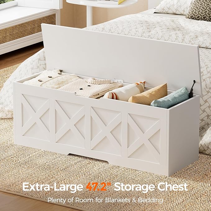 47.2" Extra-Large Wooden Storage Chest – Farmhouse Toy Box, Entryway Bench, Bedroom Storage, Safety Hinge, Easy Assembly, White