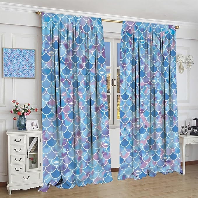 Mermaid Blackout Curtains, Kids Cartoon Blue and Pink Ocean Mermaid Scale Pattern Decoration for Girls Bedroom Nursery Curtains 63x72 Inch