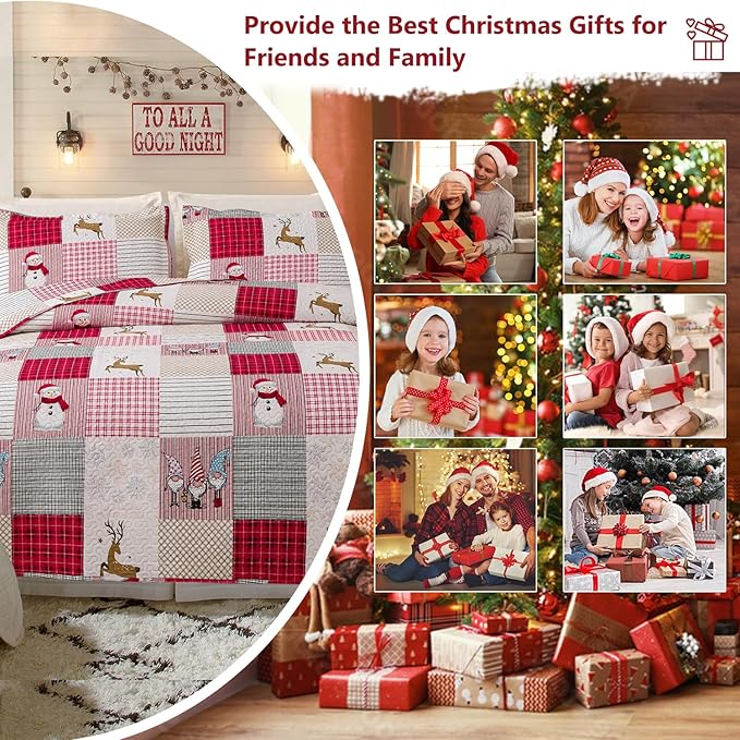 Jessy Home Christmas Bedding Set Queen Christmas Quilt Bedspread Pink Gnome Santa Claus Plaid Patchwork Xmas Quilt Bedding Decor Winter Snowman Elk Lightweight Reversible Bedspread Coverlet