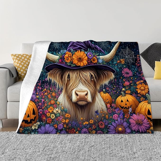 Tijuboni Highland Cow Pumpkin Throw Blanket for Girls Boys Women Men Kids Adults Soft Flannel Fleece Blanket for Couch Sofa Bed Home Decor 60"x80"