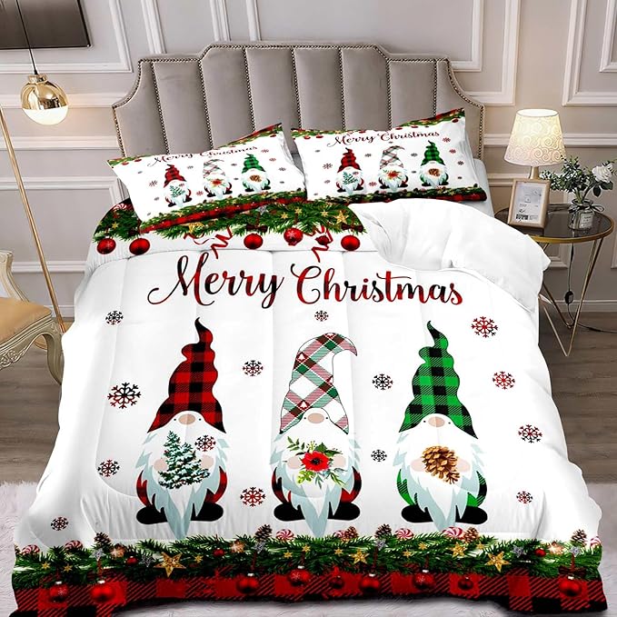 LUVIVIHOME 3PCS Merry Christmas Comforter Set King Size, Gnomes Bedding, Cute Christmas Bedroom Decor for Kids Boys Girls Teens, Xmas Gifts, Buffalo Plaid Christmas Gnomes Decorations, 2 Pillow Cases