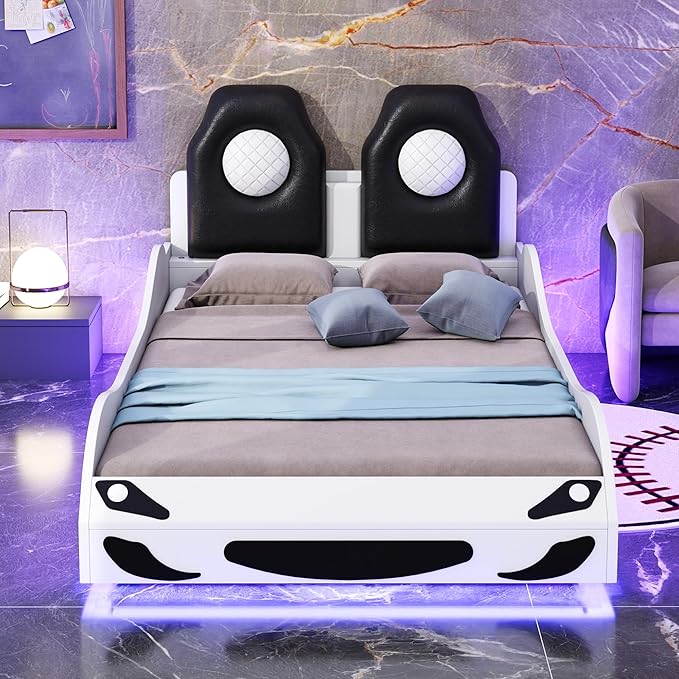 Twin Size Race Car-Shaped Platform Bed with LED and Upholstered Backrest, Solid Wood Upholstered Car Bed Frame with 2 Seats for Kids Boys Girls Bedroom (White-31U)
