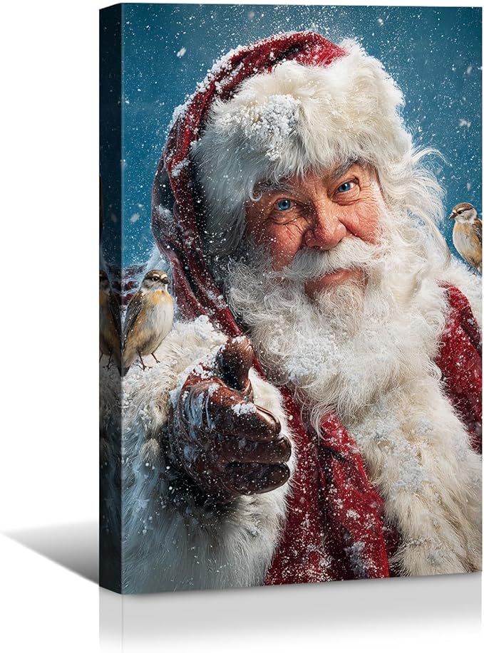 YONICA Christmas Canvas Wall Art Snowy Santa 28x40 Inch Winter Scene with Birds and Snowfall - Large Framed Gallery Wrapped Nature Theme