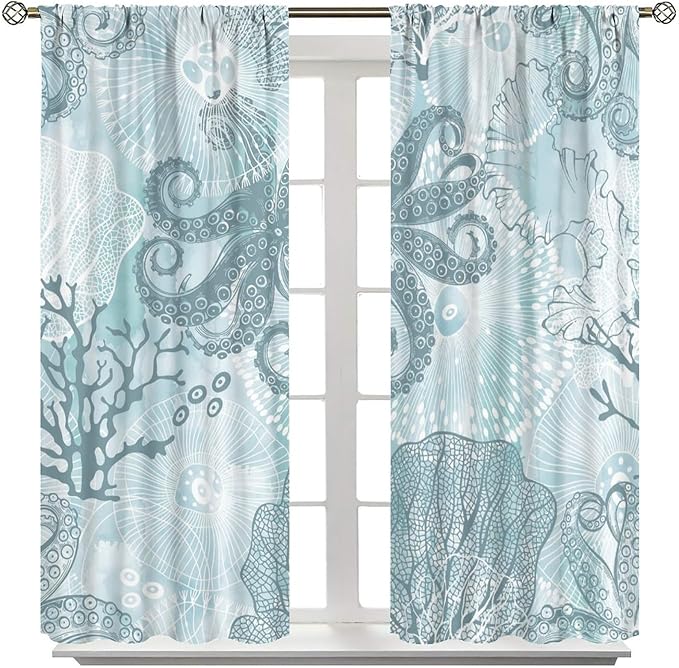 Coastal Window Curtains,Nautical Beach Themed Thermal Insulating Decor Curtain for Living Room, Bedroom Set 2 Panels,42x45 Inches