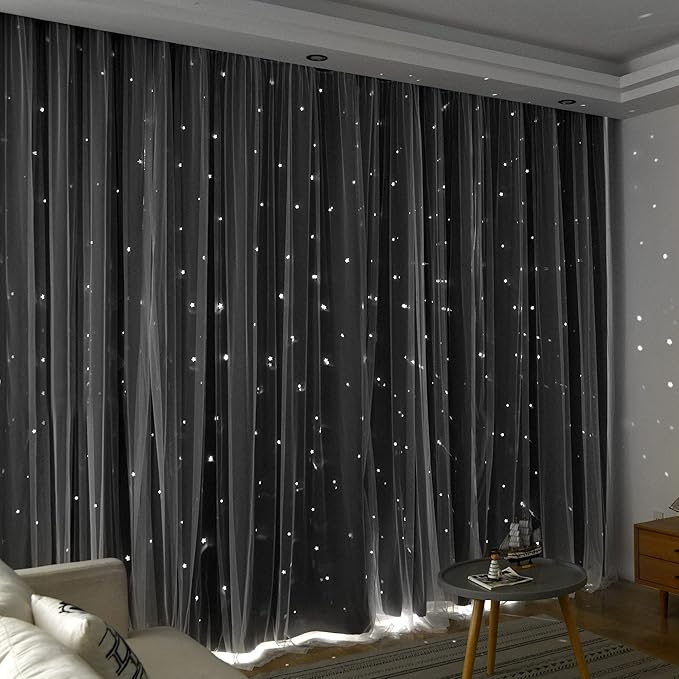Kinryb Kids Blackout Curtains for Bedroom/Living Room/Classroom, Sheer Overlay 2 Panel Set, Double Layer Curtains with Star Cutout for Kids Room(Each Piece W 70 x L 72 Inches 2 Pcs Grey)