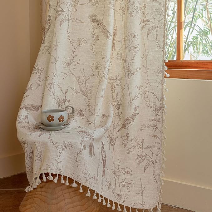 ENJOYBRIDAL Floral Curtains 63 Inch Long Farmhouse Semi Sheer Drapes Bird Patterned Short Rod Pocket 2 Panel Sets Window Curtains Boho Bedroom Living Room Botanical Decor Tassel Window Treatment