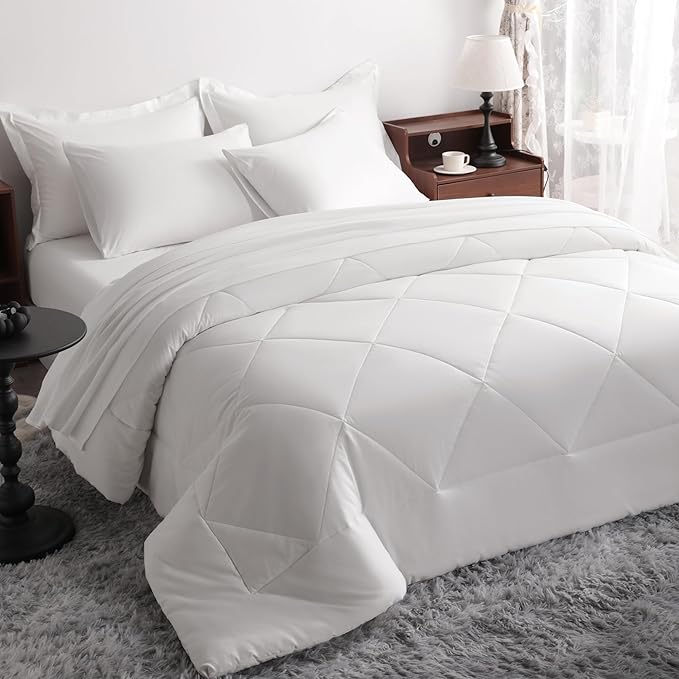 NTBAY Queen Comforter Set with Sheets, 7 Pieces Soft and Breathable Queen Bedding Set, Bed in a Bag, Down Alternative Comforter Set Solid Color All Season, Queen Bedding Set, White
