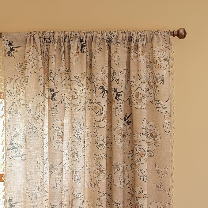 ENJOYBRIDAL Floral Curtains 63 Inches Long 2 Panels Set Coquette Rod Pocket Drapes Short Boho Bedroom Semi Sheer Window Curtain Panels Farmhouse Living Room Rose Decorations Tassel Window Treatments