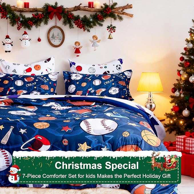 Wajade Sports Comforter Set - 7 Piece Queen Bedding with 3D Soccer, Basketball, Baseball, Football Design for Kids
