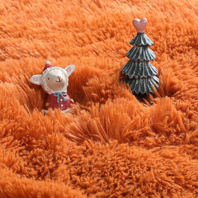 Amdrebio Burnt Orange Round Circle Rug 5Ft for Bedroom Living Room, Fluffy Fuzzy Shaggy Furry Area Rugs for Kids Room Decor Aesthetic, Cute Plush Shag Dark Orange Carpet for Nursery Dorm Classroom