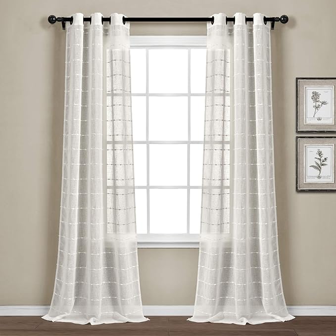 Lush Decor Farmhouse Textured Grommet Sheer Window Curtain Panel Pair, 38"W x 120"L, White