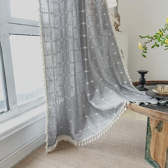 Deeprove Boho Curtains 84 Inches Long for Bedroom Kitchen, Cotton Linen Gray Plaids Embroidered Semi Blackout Bohemian Farmhouse Window Treatment Grids Drape Tassels, 1 Panel W52 x L84 Grey