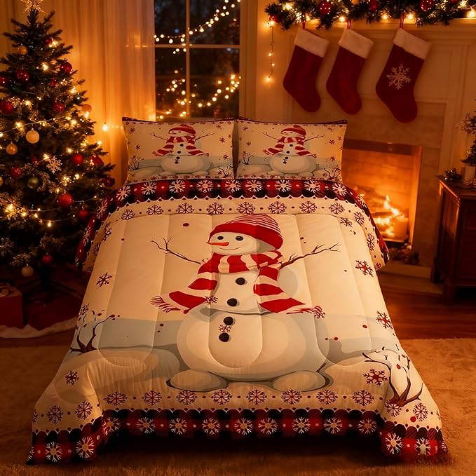 Kids Snowman Christmas Comforter Set King Size,Snowflake Romantic Bedding,Girls Boys Adults Bedroom/Xmas Cabin Decor,Geometric Grid Lattice Down Comforter,Rustic Farmhouse Duvet Insert,2 Pillowcases