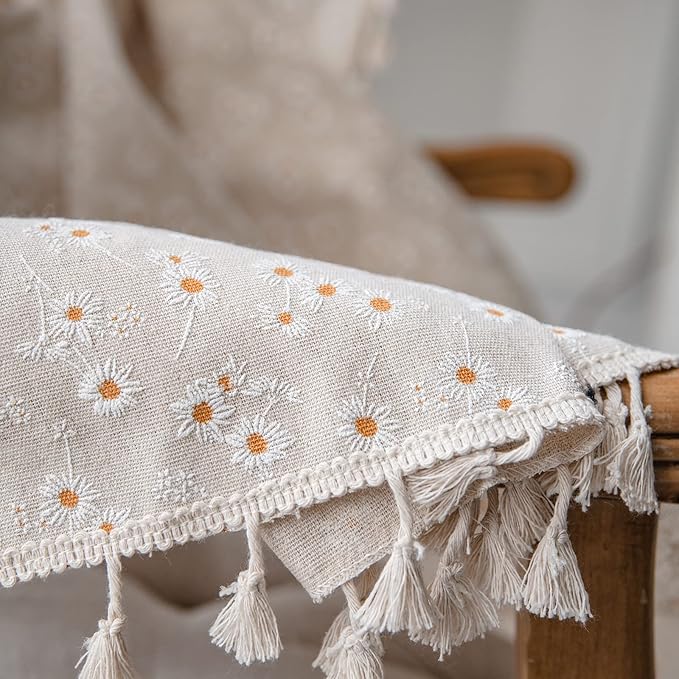ENJOYBRIDAL Daisy Floral Curtains 96 Inch Length 4 Panels Tassel Long Drapes Rod Pocket Semi Sheer Boho Bedroom Window Curtain Panels Living Room Farmhouse Rustic Bohemian Window Treatment