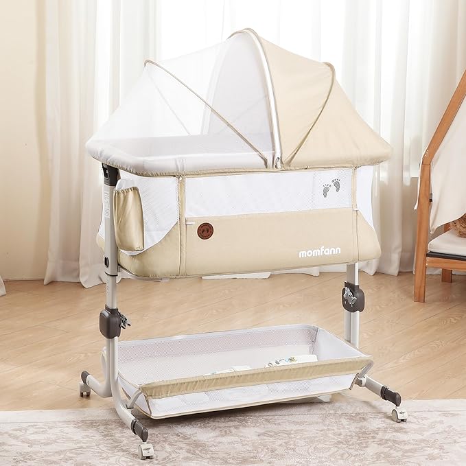 Baby Bassinet Bedside Sleeper, Upgraded Stability Bedside Crib with Full Mesh Sides, Soft Sheet, 6-Height Adjustment, Storage Basket, Easy Folding Portable Bassinet for Newborns, Beige