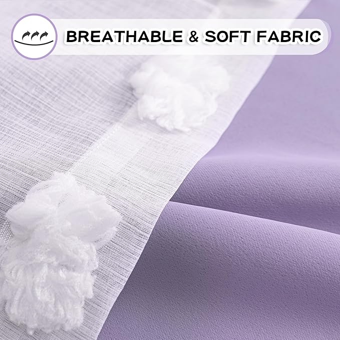 MYSKY HOME Lilac Curtains for Girls Bedroom Kids Curtain 54 Inches Length White Pom Pom Sheer Small Window Curtains 2 Panels Double Layer Curtains Grommet Room Darkening Nursery Curtains, W52 X L54