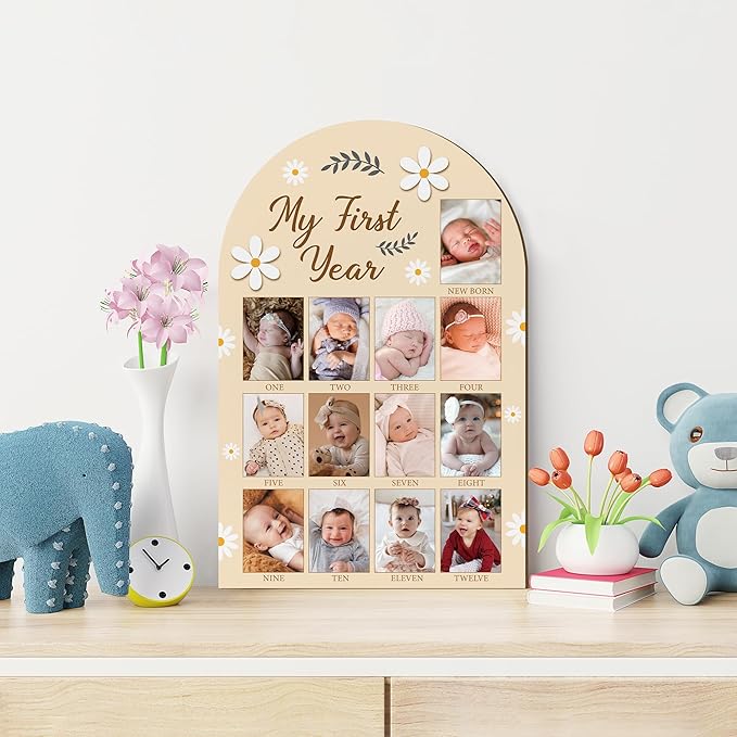 R HORSE Large My First Year Photo Frame Board, 23 x 15 Inches 3D Daisy Birthday Decorations Display Wood Board, Baby First Year Picture Frame 12 Months Milestone 1st Birthday Nursery Decor Gift