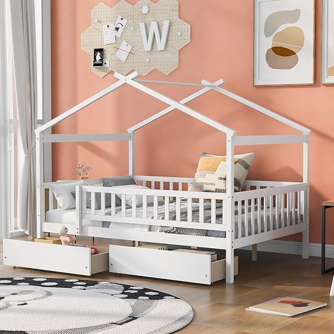 Full House Bed with 2 Storage Drawers, Kids Full Bed Frame with Rails and Roof, Tent Bed, Wooden Full Daybed, Full Montessori Bed for Kids Teens Girls & Boys, No Box Spring Needed (White)