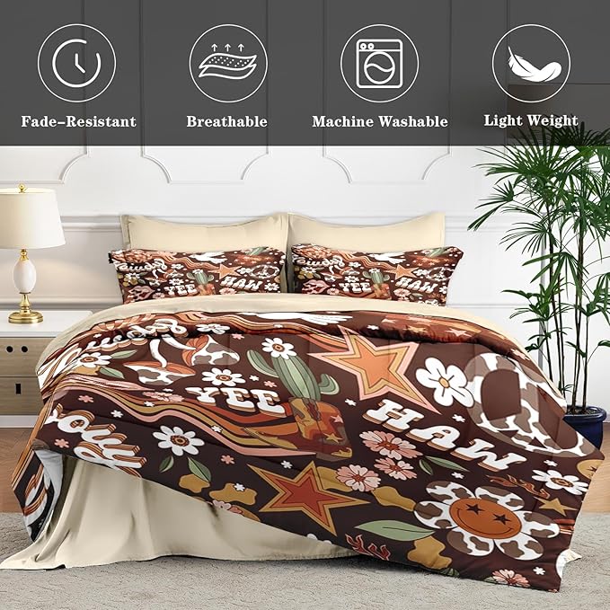 7 Pcs King Size Comforter Set with 2 Pillowcases & 2 Shams, Western Hippie Cowgirl Bedding for Kids and Adults, West Boho Cowboy Bed in a Bag with Flat Fitted Sheet