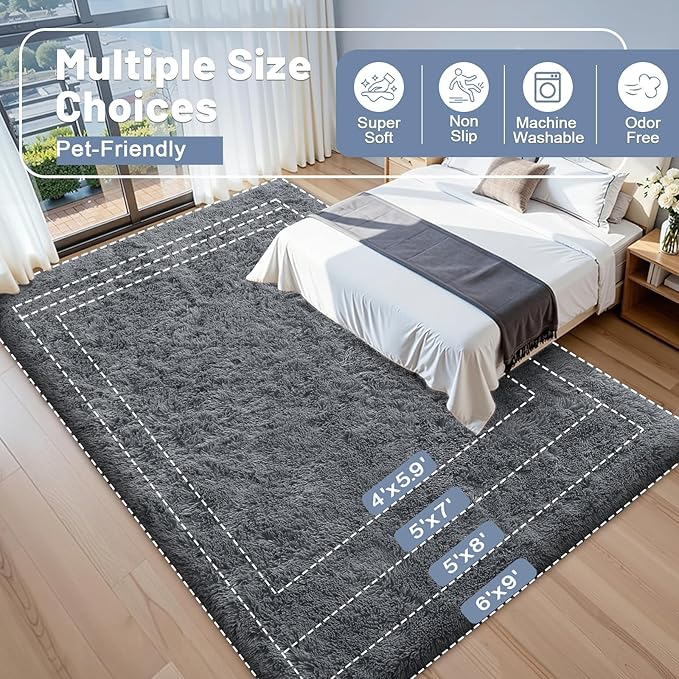 OLANLY 9x12 Machine Washable Large Area Rugs for Living Room, Bedroom, Soft Fluffy Shaggy Bedside Rug, Indoor Floor Carpet for Kids Girls and Boys, Dorms, Nursery, Home Decor Aesthetic, Grey