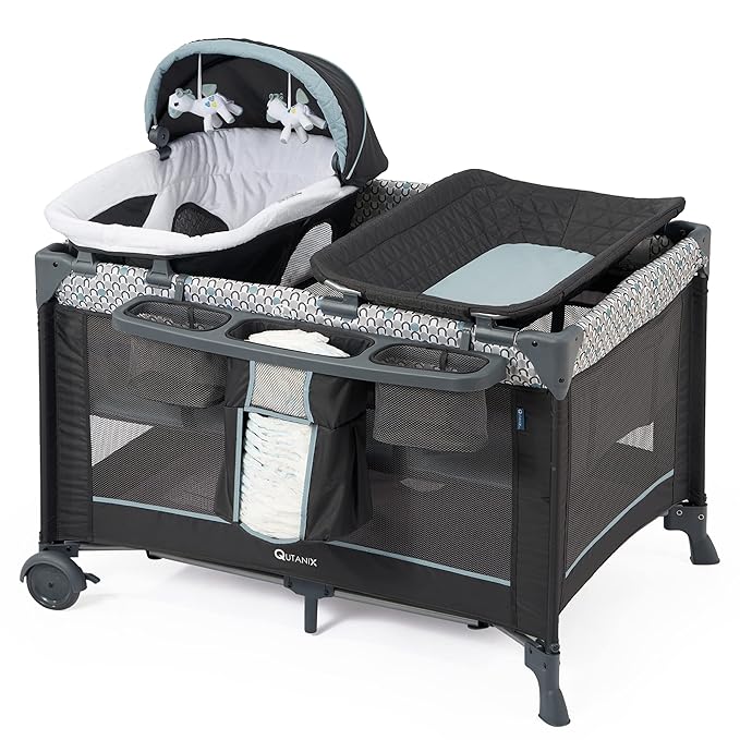 5 in 1 Multifunctional Pack and Play,Qutanix Foldable Baby Crib with Bassinets,Changing Table,Newborn Napper with Canopy,Diaper Stacker,Baby Playpen for Babies and Toddlers