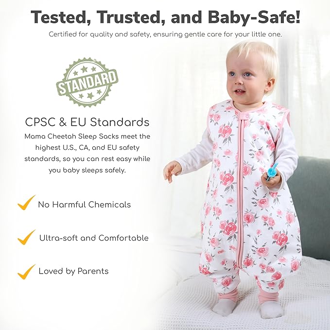 Mama Cheetah Toddler Sleep Sack with Feet 2T, 1.0 TOG Organic Cotton Baby Sleeping Bag with Legs, Baby Wearable Blankets for Walkers w/ 2-Way Zipper, Sleep Sack for Girls & Boys, Early Walker