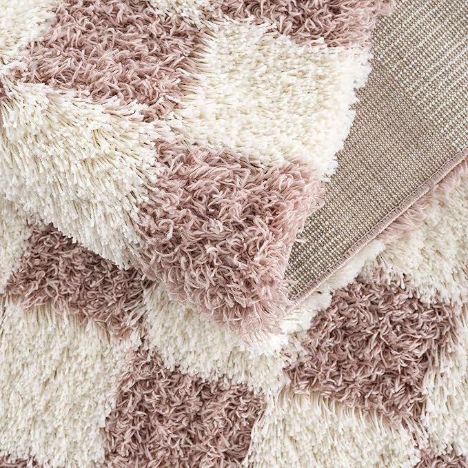 Hauteloom Atira Contemporary Checkered Fluffy Shag Runner Rug - Modern Geometric Carpet Tiles for Hallway, Kids Room - Plush Pile Carpet Squares - Cream, Pink- 2'7" x 10'