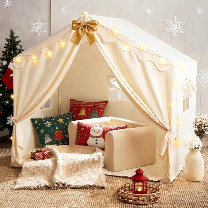 Tiny Land Kids Tent with Mat and Star Lights, Indoor Playhouse for Toddlers, 57"x36"x52" Large Reading Nook for Girls & Boys, Modern Bed Canopy for Kids Room