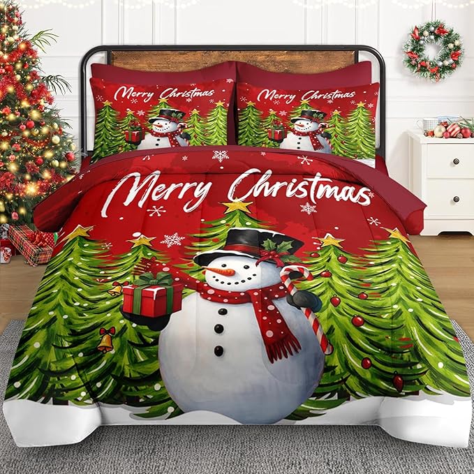 7 Pcs Queen Size Christmas Comforter Set with 2 Pillowcases & 2 Shams, Red Cartoon Snowman Bedding for Kids and Adults, Funny Xmas Pine Forest Bed in a Bag with Flat Fitted Sheet