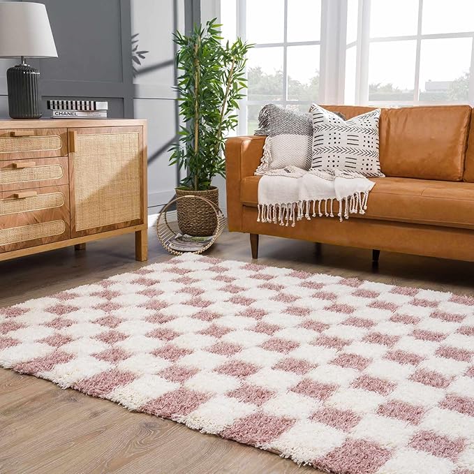 BoutiqueRugs Atira Pink Checkered Shag Area Rug - Cream, Rose Gold - 8'10" x 12'