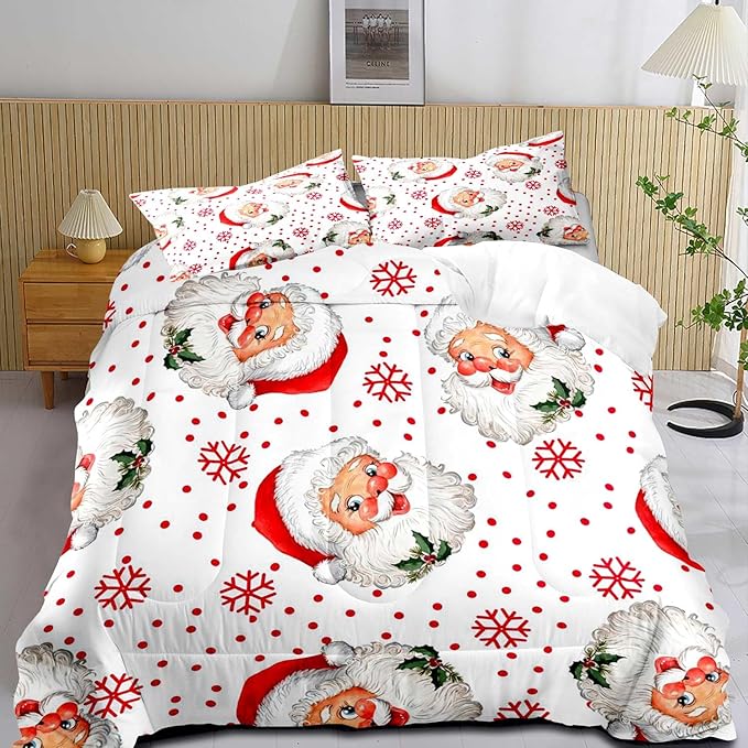LUVIVIHOME 3PCS Merry Christmas Comforter Set Full Size, Red Snowflake Funny Santa Claus Bedding, Christmas Bedroom Decor, Soft Breathable Microfiber White Quilt, Xmas Gifts, 2 Pillow Shams