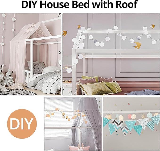 LLS Twin Montessori Floor Bed, Wooden Floor Bed Frame with Slats and Fence, House Bed for Boys Girls Bedroom, White