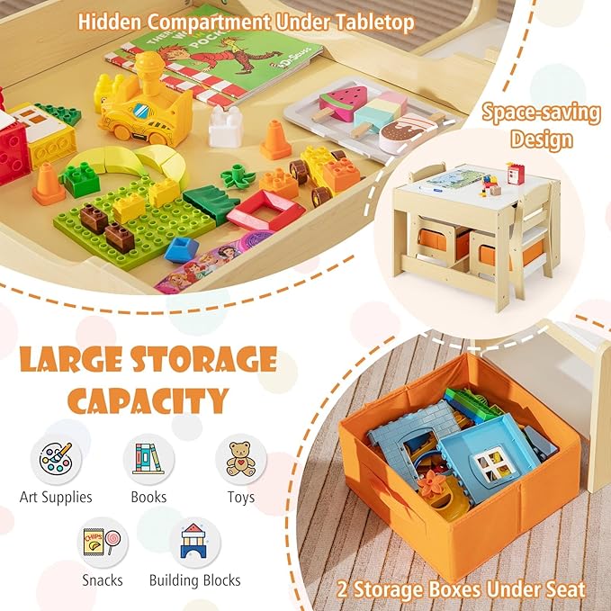 HONEY JOY Kids Table and Chairs, 3-in-1 Children Wooden Activity Set with Storage, Detachable Tabletop, for Art, Craft, Drawing, Reading, Gift for Toddlers Boys Girls 3-7 Years Old (Natural)