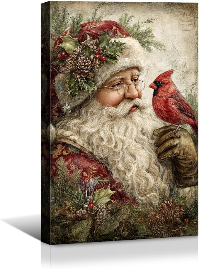 YONICA Christmas Canvas Wall Art Santa with Cardinal 12x16 Inch Vintage Style with Red Bird - Large Framed Gallery Wrapped Wildlife Art