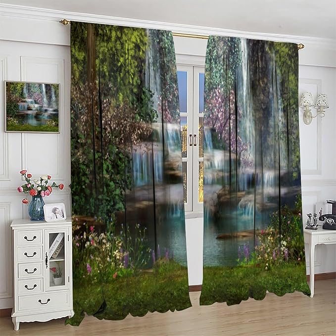 Natural Waterfall Blackout Window Curtains, Waterfalls Flowers Trees Landscape Window Drapes, for Living Room Bedroom 63" W X 63" L