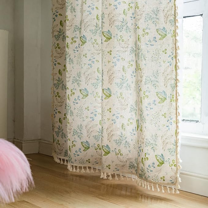ENJOYBRIDAL Leaf Curtains 63 Inch Length 2 Panels Tassel Boho Semi Sheer Drapes Bedroom Living Room Farmhouse Floral Short Rustic Country Rod Pocket Cotton Linen Blend Window Curtain Panel